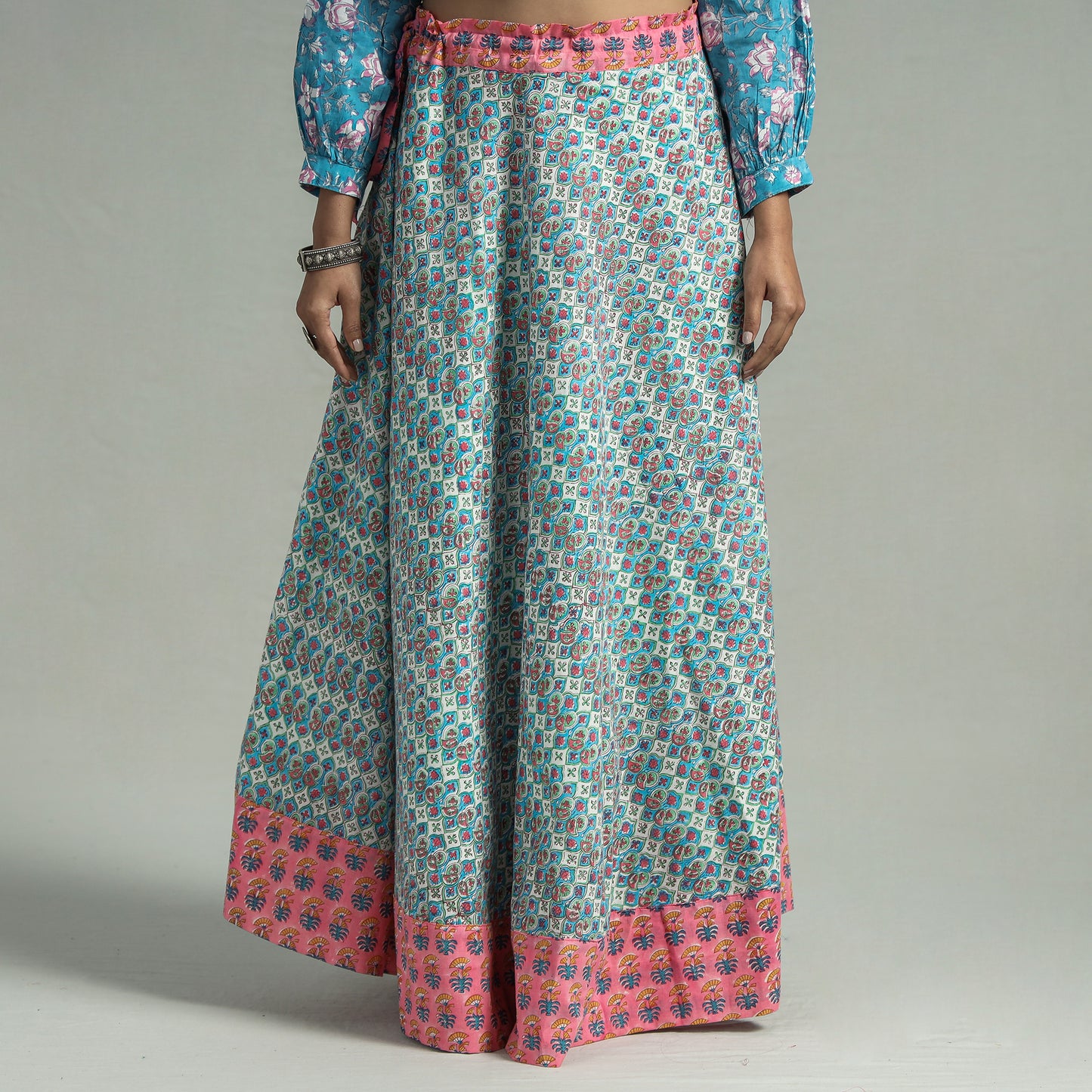 Blue - Sanganeri Block Printed Cotton Long Skirt