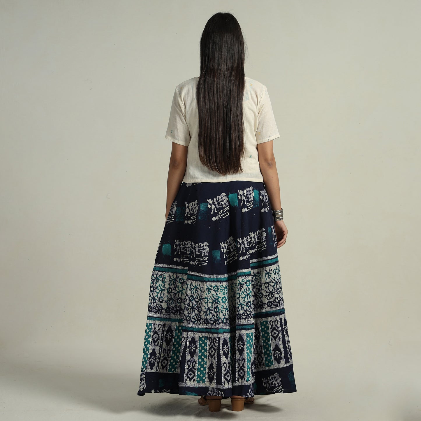 Blue - Hand Batik Printed Running Stitch Cotton Long Skirt 47