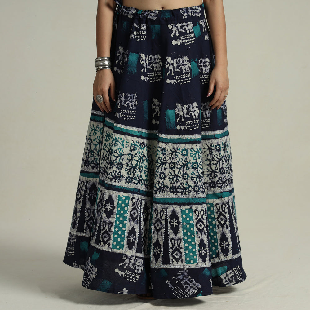 Blue - Hand Batik Printed Running Stitch Cotton Long Skirt 47