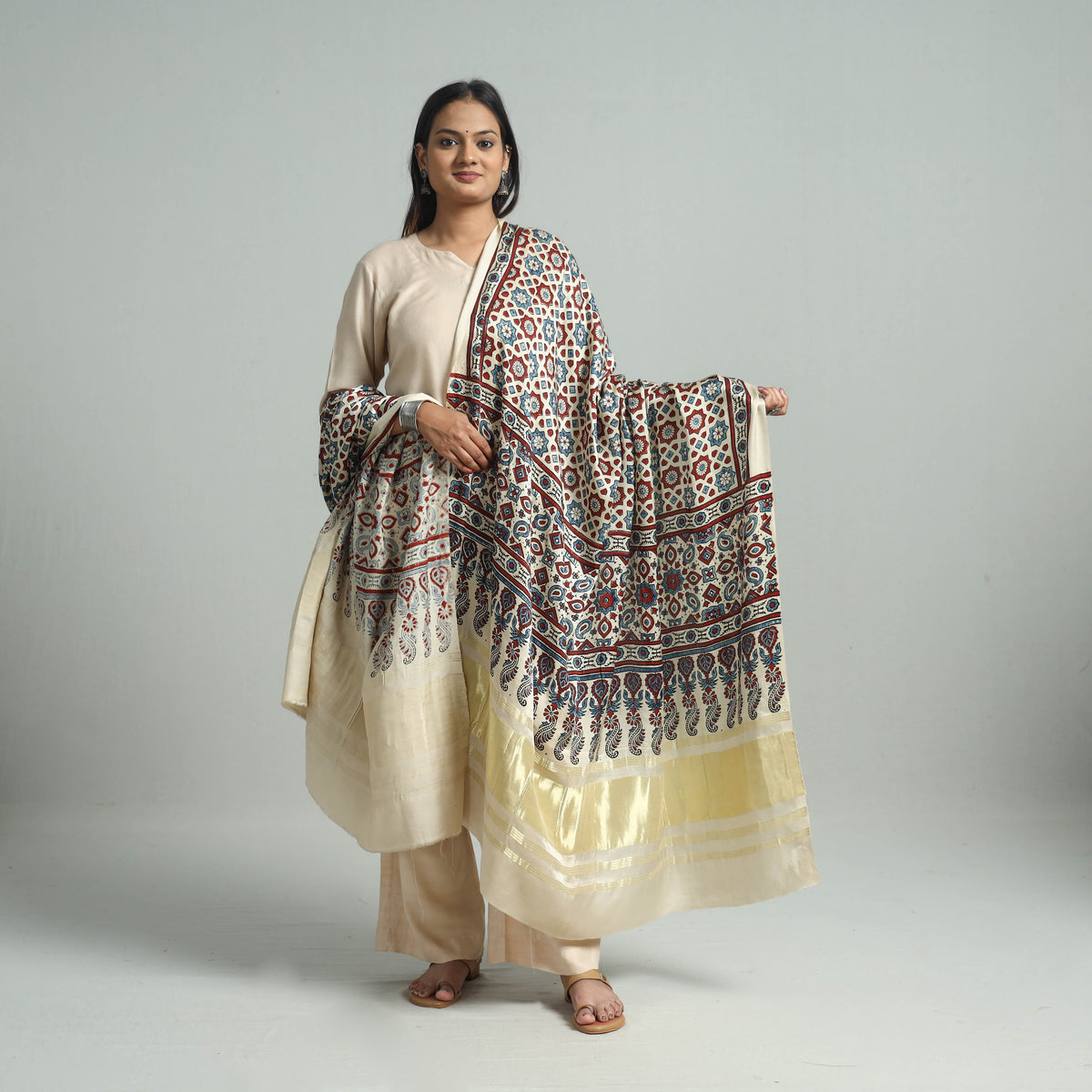 Multicolor - Ajrakh Modal Silk Dupatta with Zari Border 30