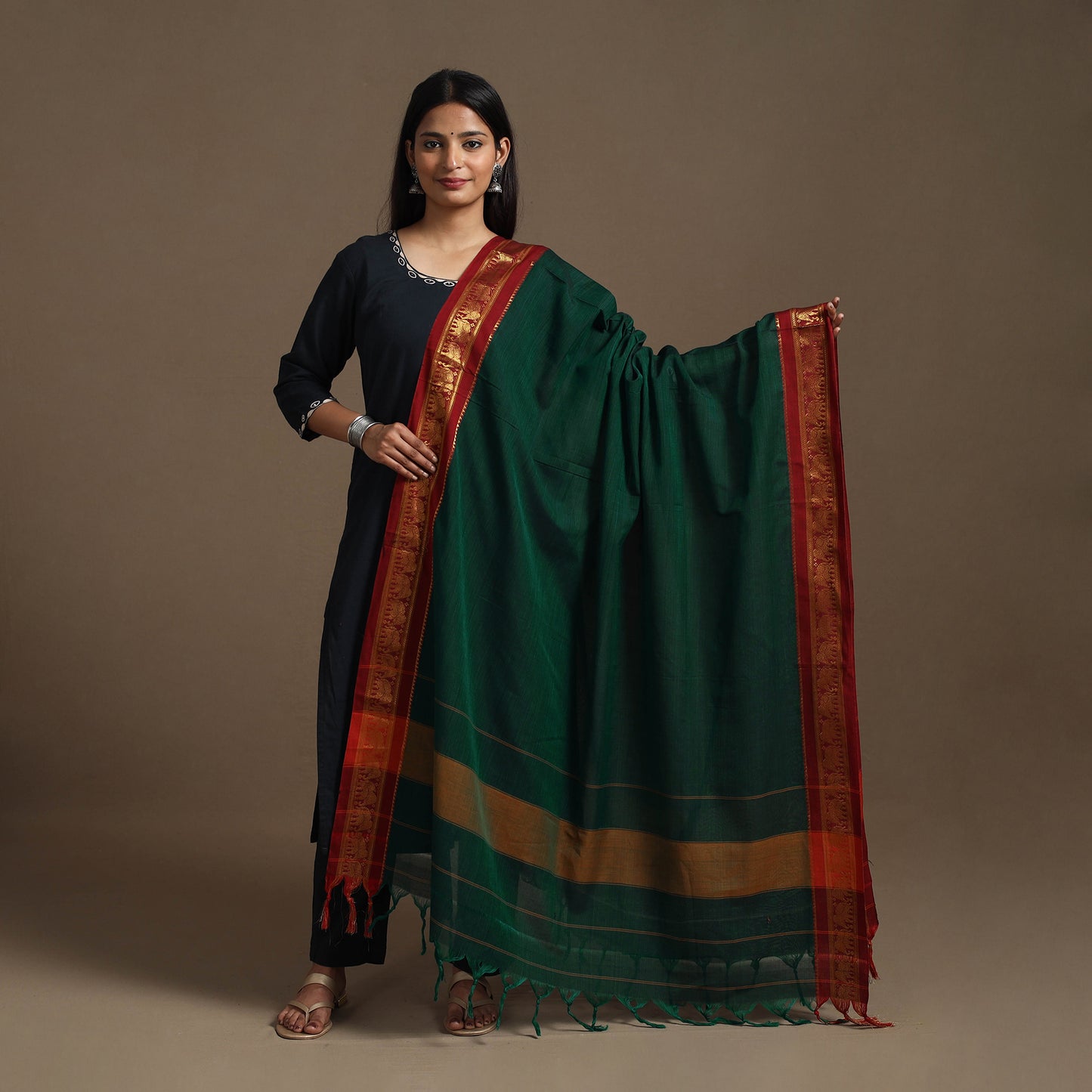 Green - Dharwad Cotton Plain Dupatta 26