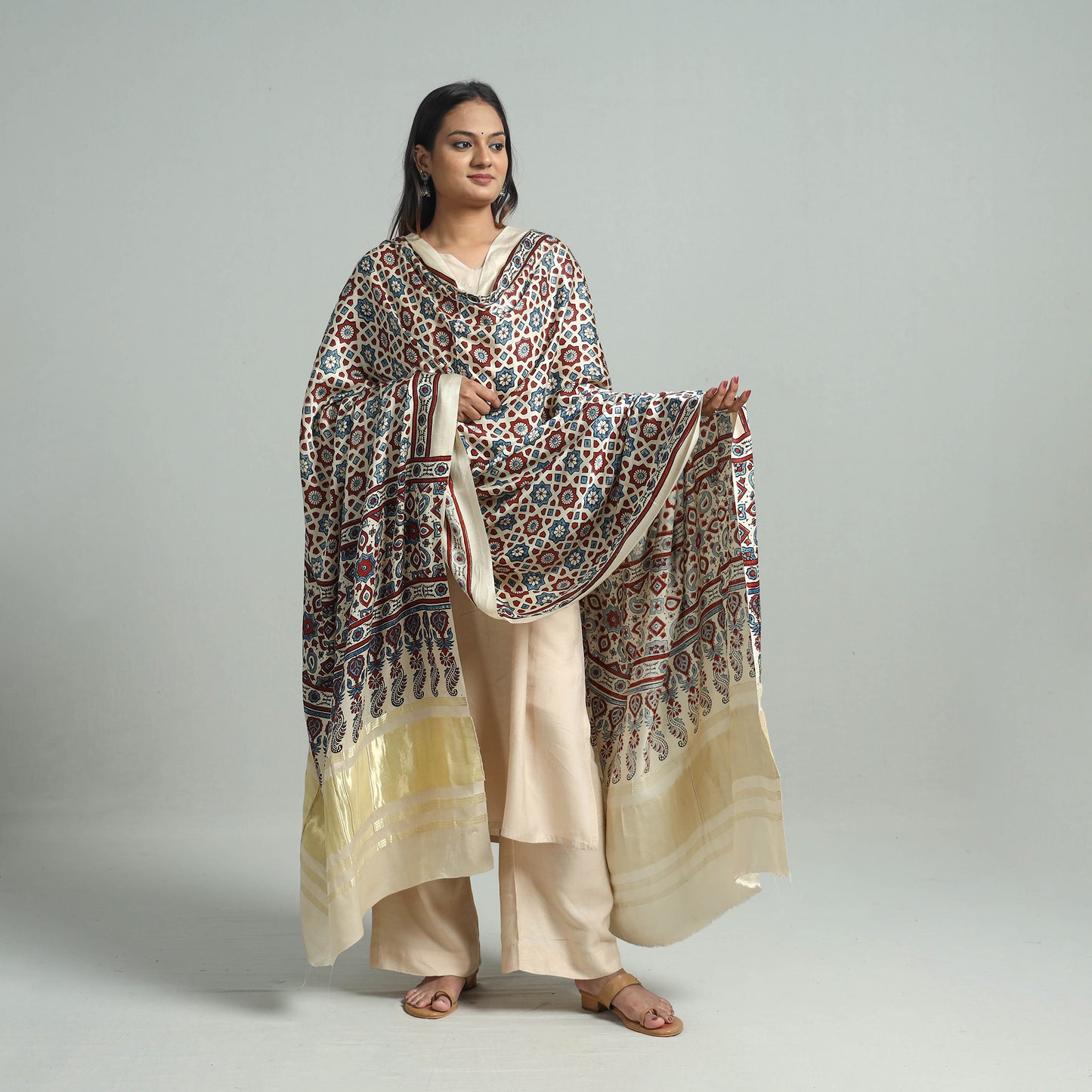 Multicolor - Ajrakh Modal Silk Dupatta with Zari Border 30