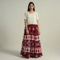 Maroon - Hand Batik Printed Running Stitch Cotton Long Skirt 48