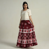 Maroon - Hand Batik Printed Running Stitch Cotton Long Skirt 48