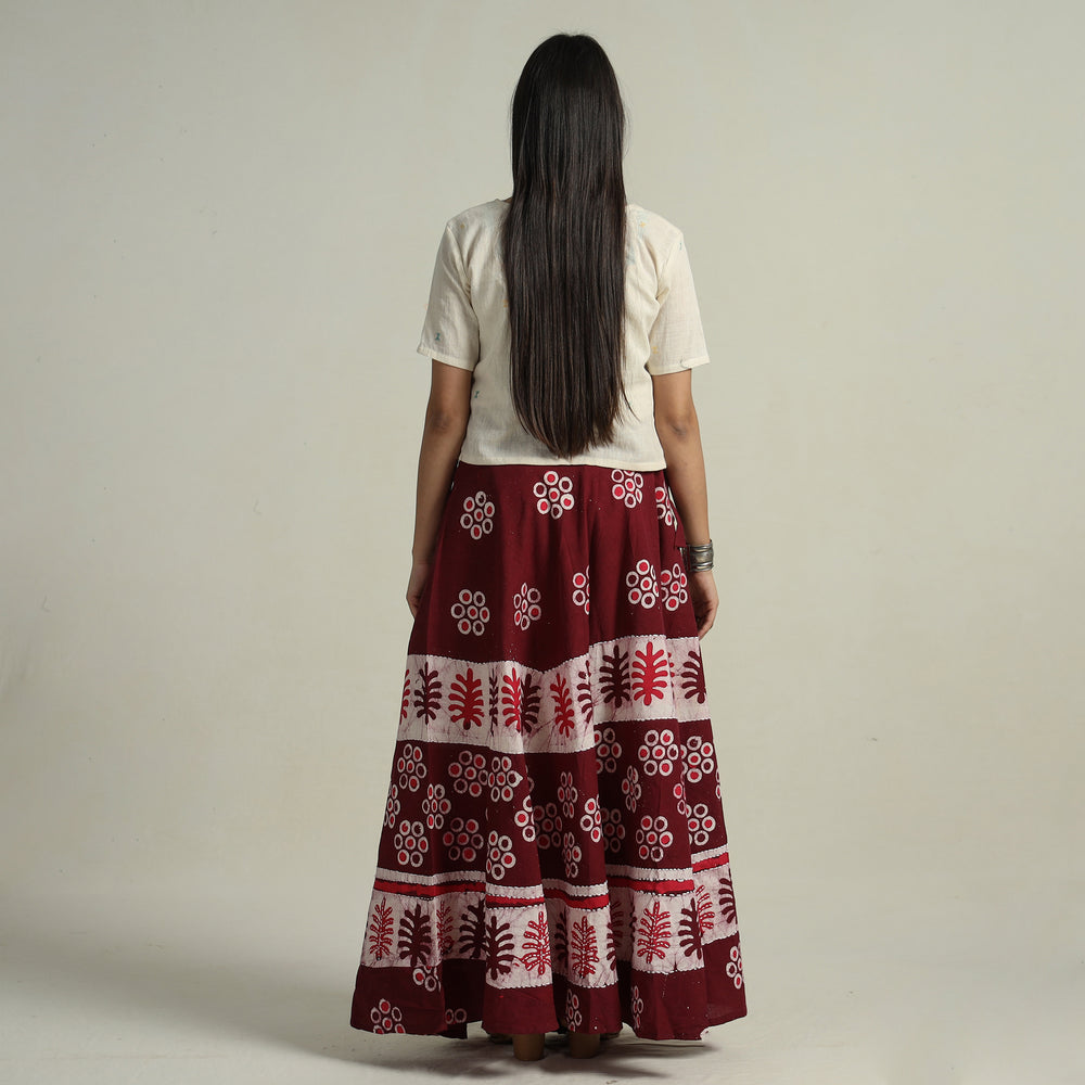 Maroon - Hand Batik Printed Running Stitch Cotton Long Skirt 48