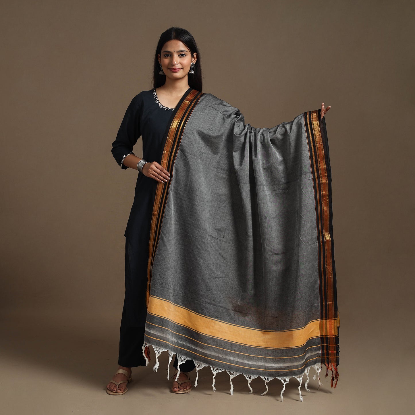 Grey - Dharwad Cotton Plain Dupatta 27