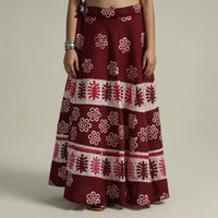 Maroon - Hand Batik Printed Running Stitch Cotton Long Skirt 48