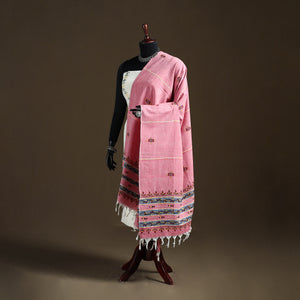 Pink - Kantha Hand Embroidered Khes Handwoven Cotton Dupatta 42