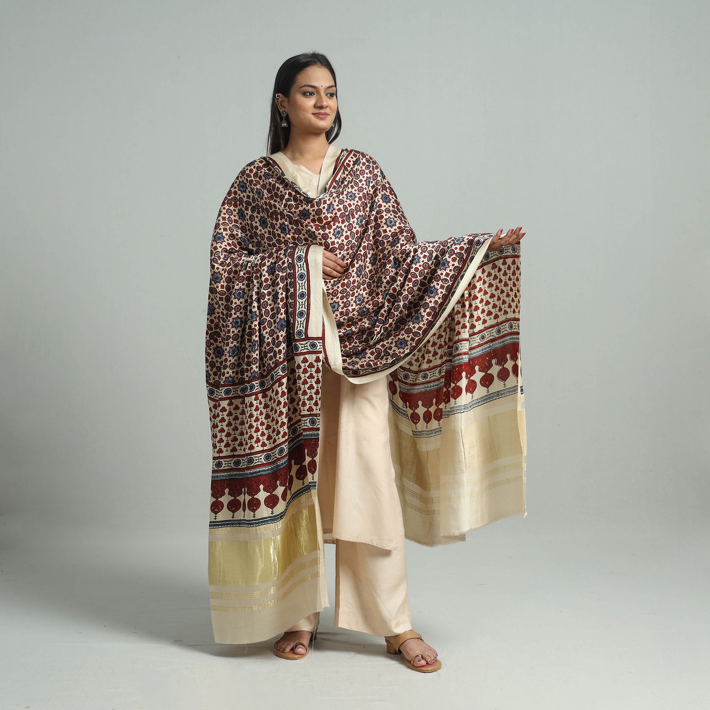 Multicolor - Ajrakh Modal Silk Dupatta with Zari Border 31