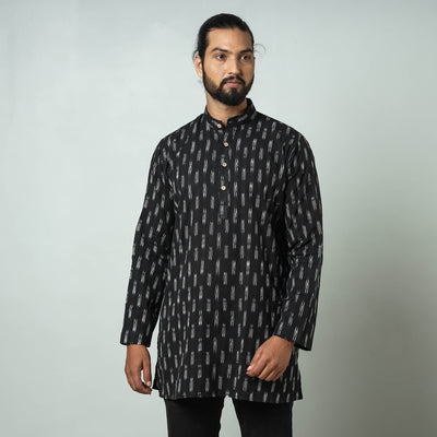 Black - Pochampally Ikat weave Cotton Men's Short Kurta