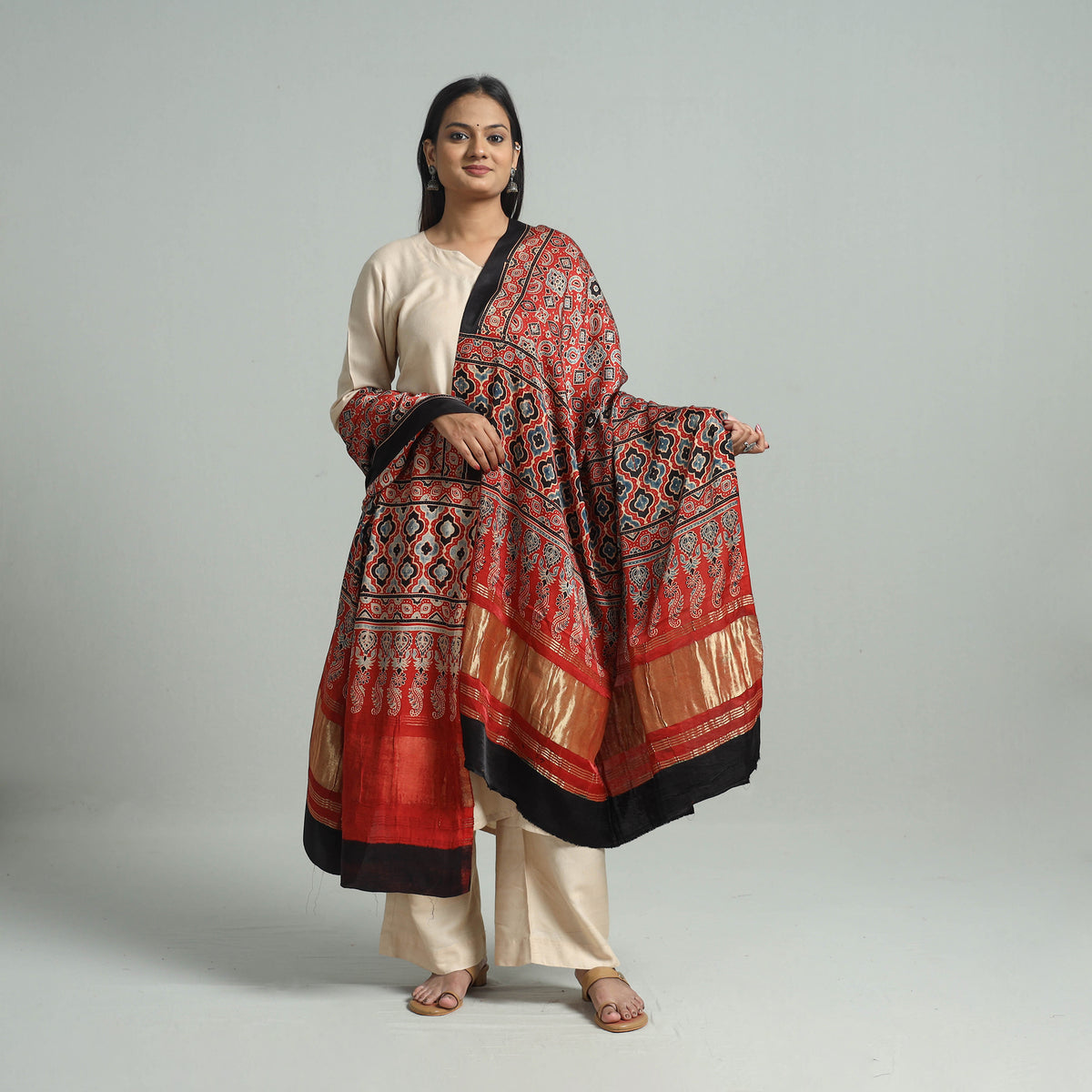 Red - Ajrakh Modal Silk Dupatta with Zari Border 32