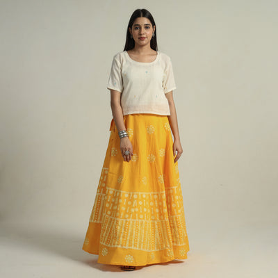 Yellow - Hand Batik Printed Running Stitch Cotton Long Skirt 49