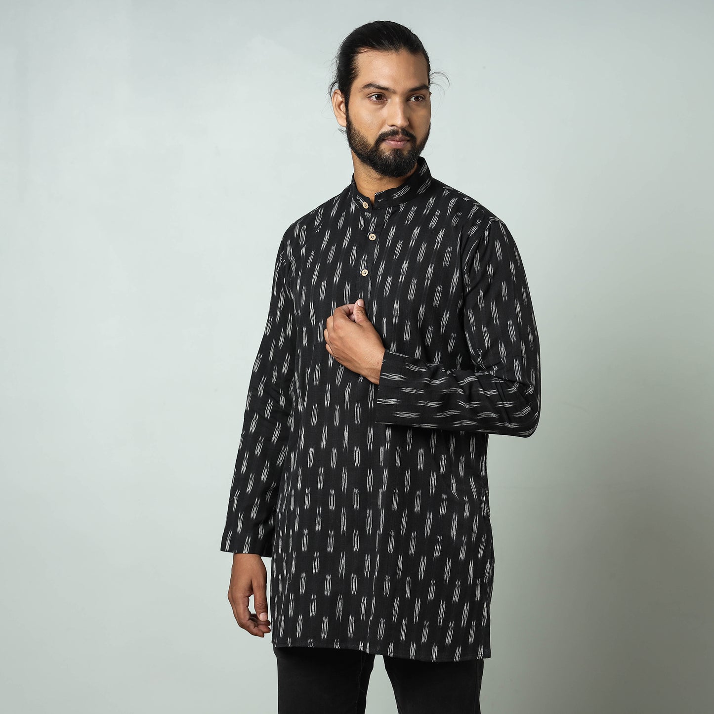 Black - Pochampally Ikat weave Cotton Men's Short Kurta