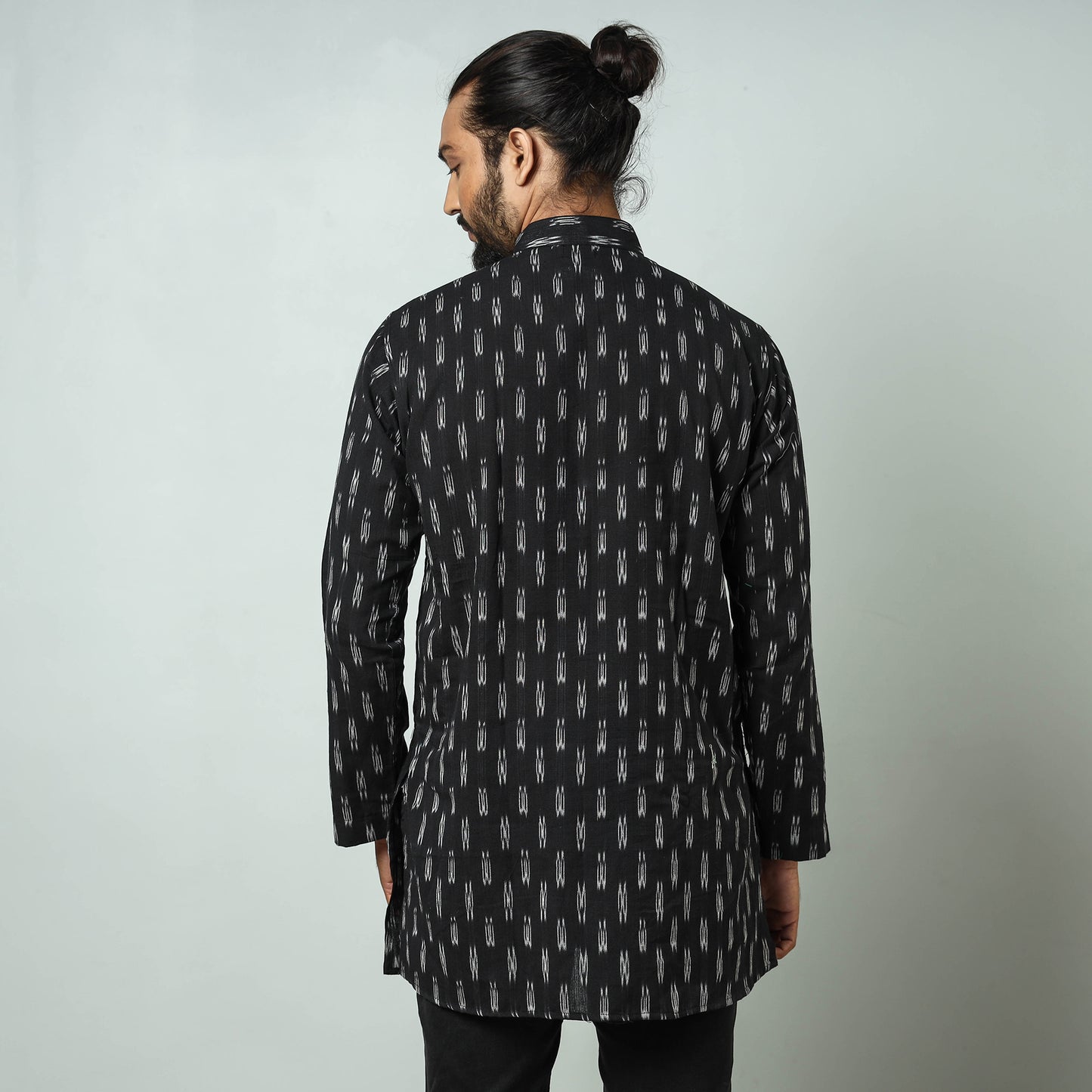 Black - Pochampally Ikat weave Cotton Men's Short Kurta