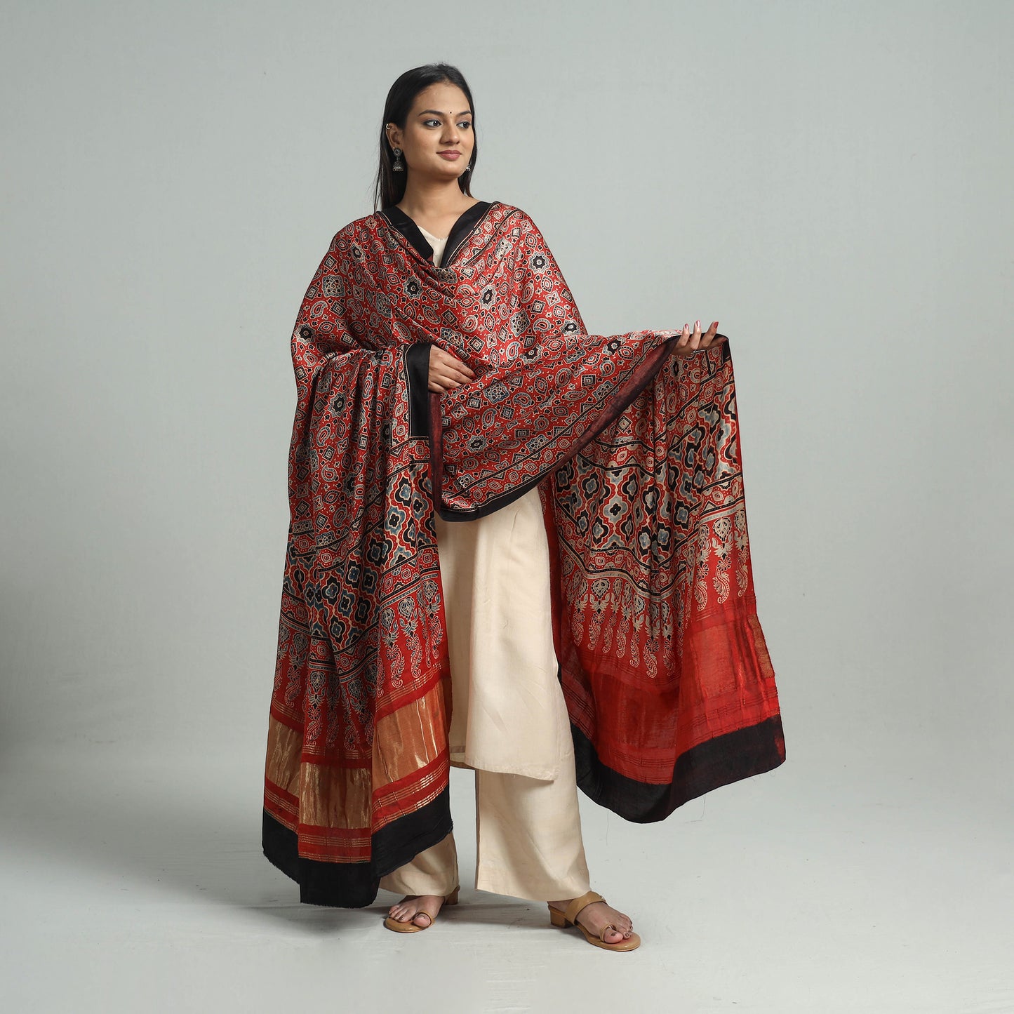 Red - Ajrakh Modal Silk Dupatta with Zari Border 32