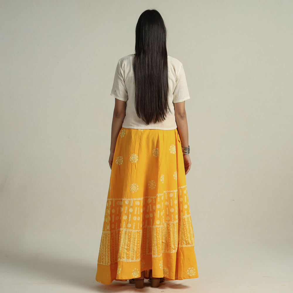 Yellow - Hand Batik Printed Running Stitch Cotton Long Skirt 49