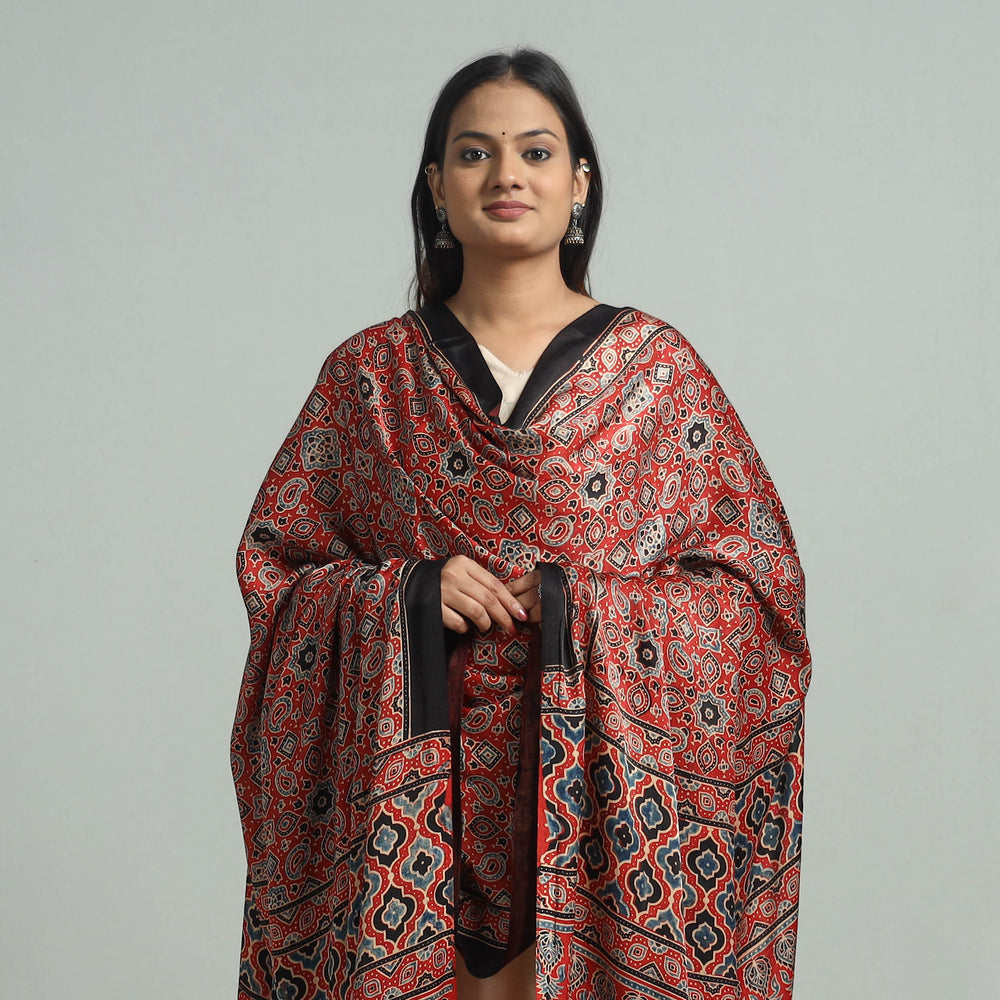 Red - Ajrakh Modal Silk Dupatta with Zari Border 32