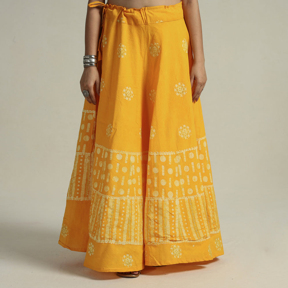 Yellow - Hand Batik Printed Running Stitch Cotton Long Skirt 49