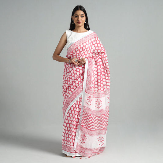 Red - Sanganeri Block Printed Linen Handloom Saree