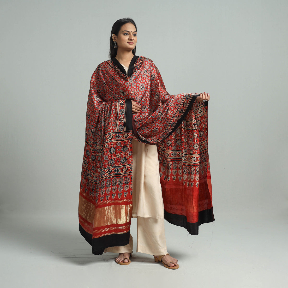 Red - Ajrakh Modal Silk Dupatta with Zari Border 33