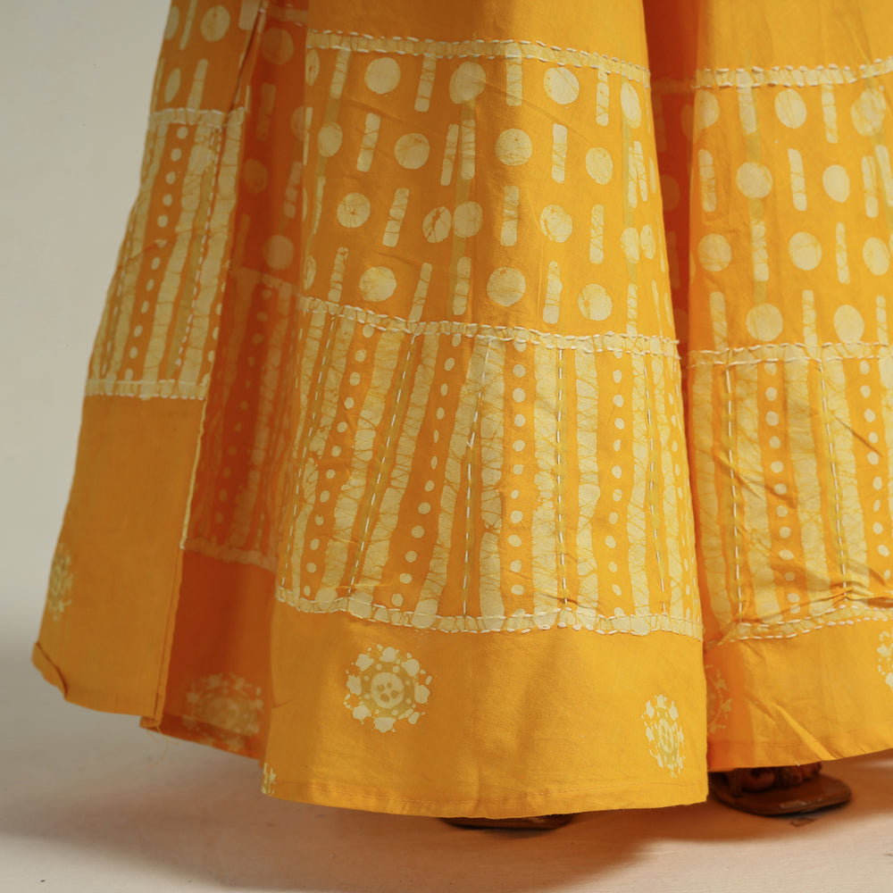 Yellow - Hand Batik Printed Running Stitch Cotton Long Skirt 49