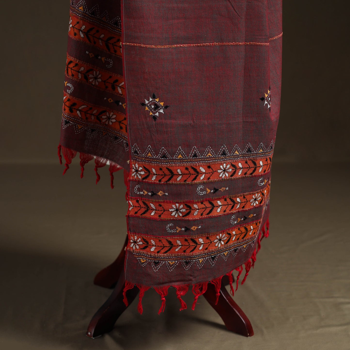 Maroon - Kantha Hand Embroidered Khes Handwoven Cotton Dupatta 43
