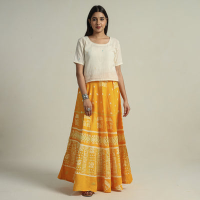 Yellow - Hand Batik Printed Running Stitch Cotton Long Skirt 50