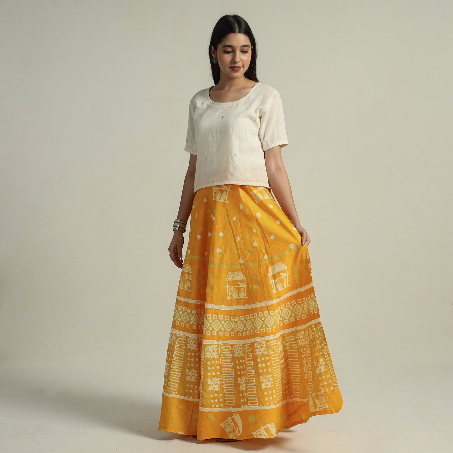 Yellow - Hand Batik Printed Running Stitch Cotton Long Skirt 50