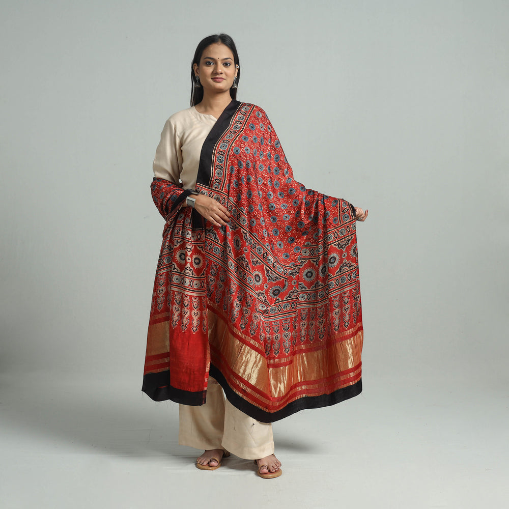 Red - Ajrakh Modal Silk Dupatta with Zari Border 34