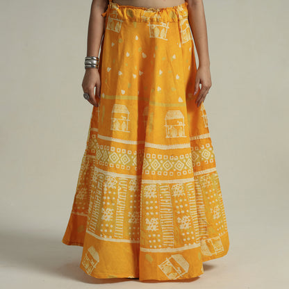 Yellow - Hand Batik Printed Running Stitch Cotton Long Skirt 50