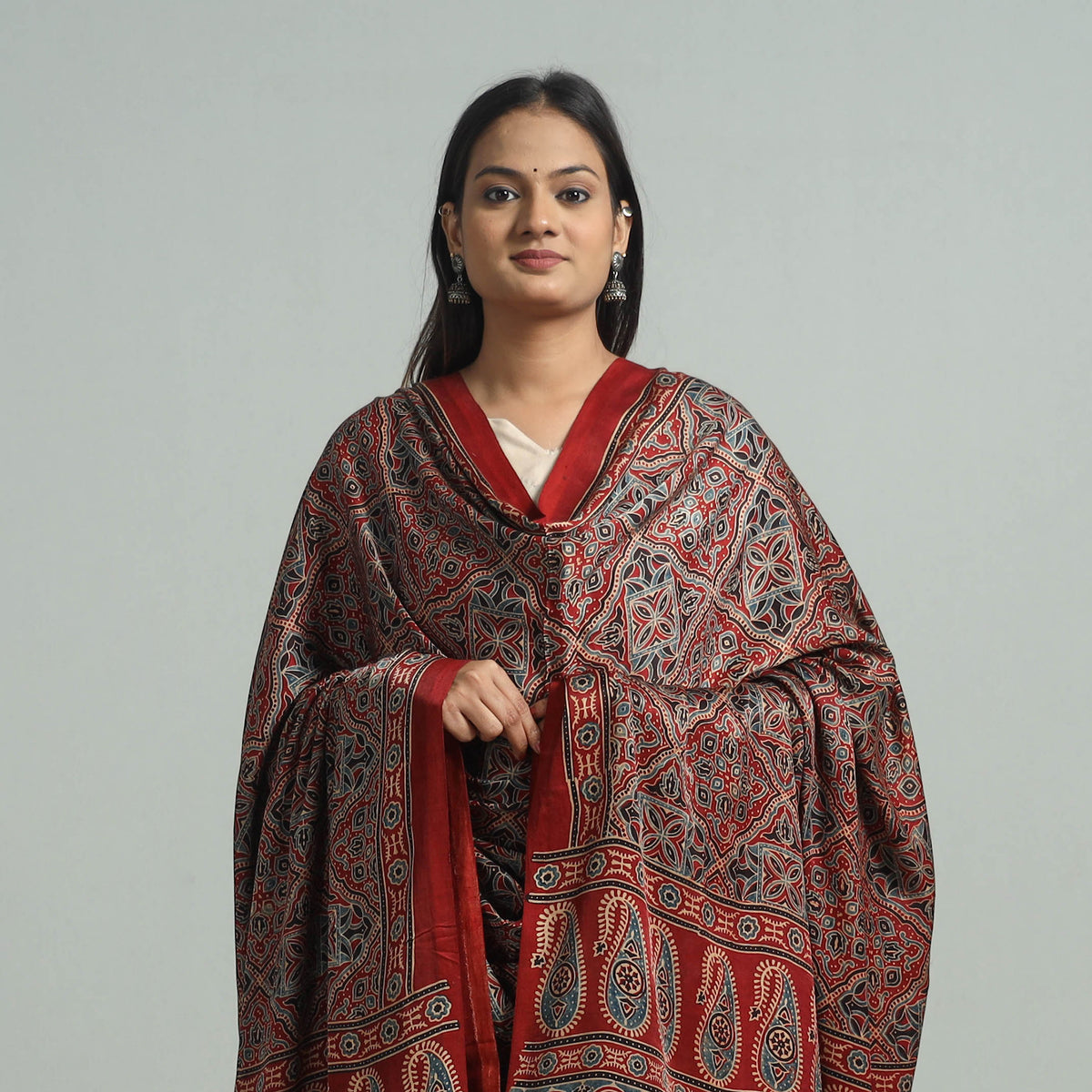 Red - Ajrakh Modal Silk Dupatta with Zari Border 35