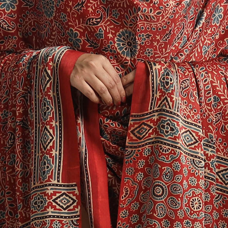 Red - Ajrakh Modal Silk Dupatta with Zari Border 36