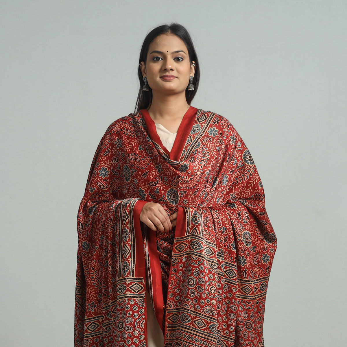 Red - Ajrakh Modal Silk Dupatta with Zari Border 36