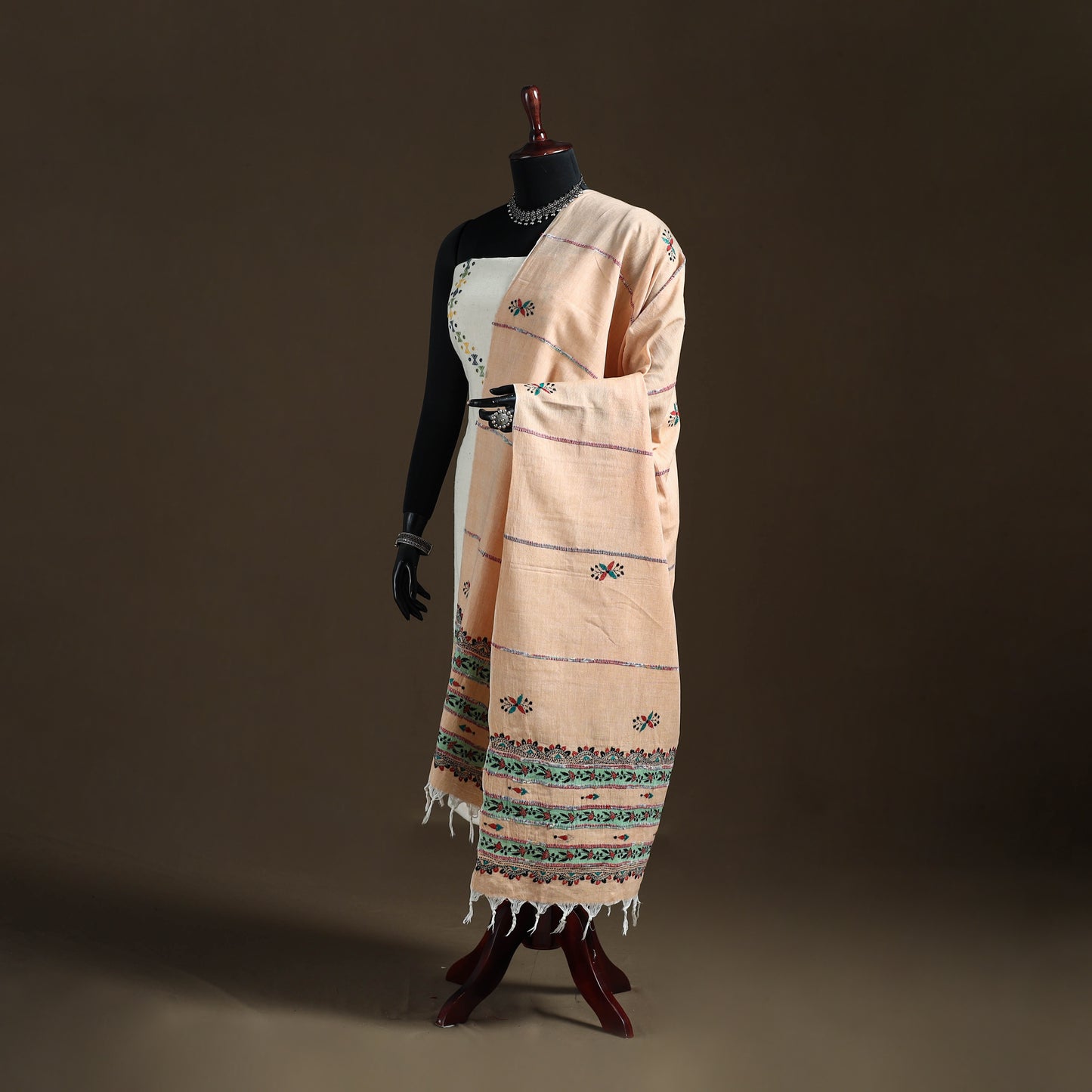 Kantha Hand Embroidered Khes Handwoven Cotton Dupatta 45