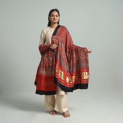 Red - Ajrakh Modal Silk Dupatta with Zari Border 37