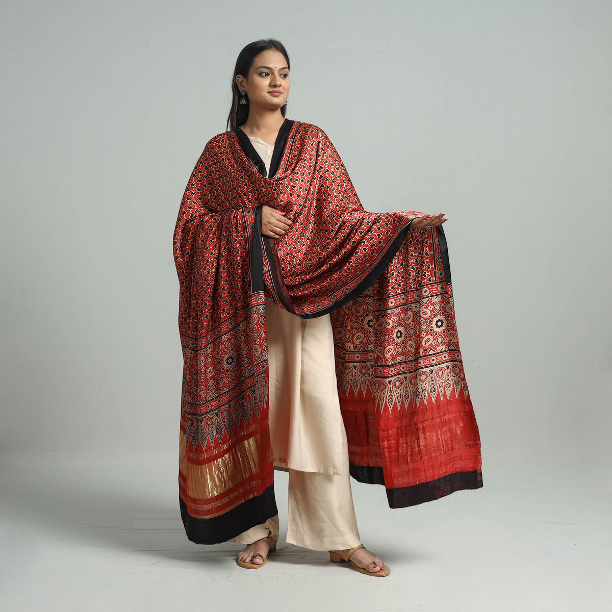 Red - Ajrakh Modal Silk Dupatta with Zari Border 37