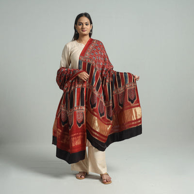 Red - Ajrakh Modal Silk Dupatta with Zari Border 38