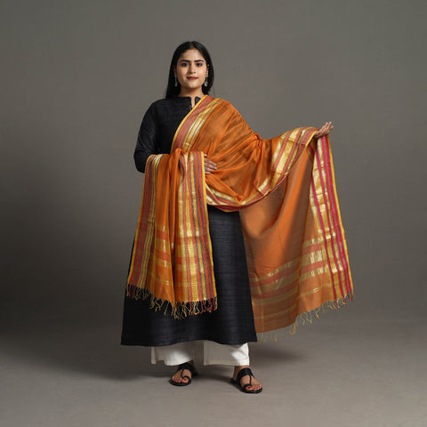 Orange - Handloom Silk Cotton Zari Border Maheshwari Dupatta 02