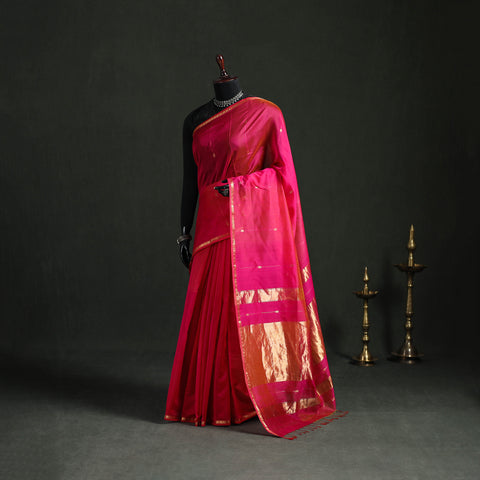 Pink - Handloom Zari Buti Maheshwari Silk Saree 26