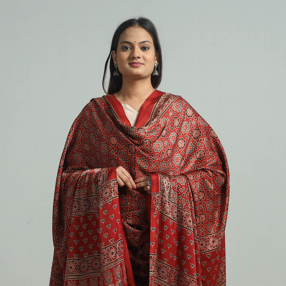 Red - Ajrakh Modal Silk Dupatta with Zari Border 41