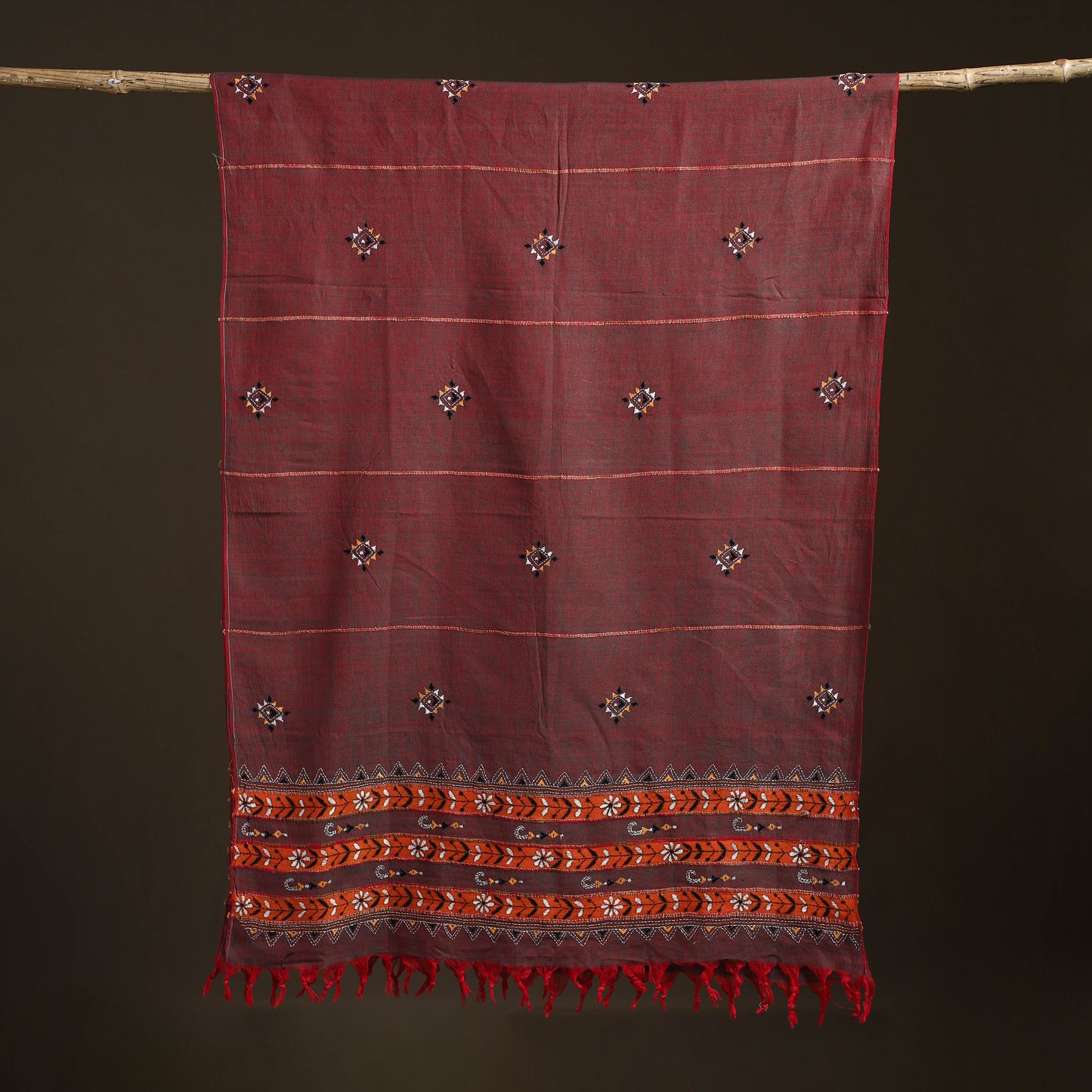 Maroon - Kantha Hand Embroidered Khes Handwoven Cotton Dupatta 43
