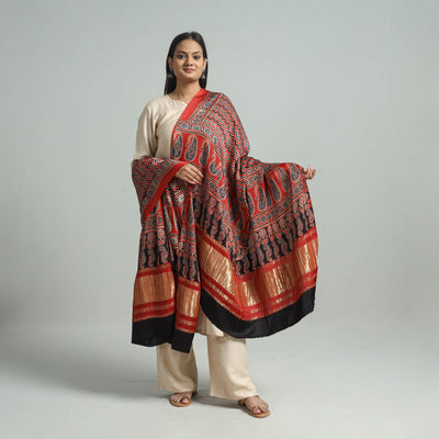 Red - Ajrakh Modal Silk Dupatta with Zari Border 43