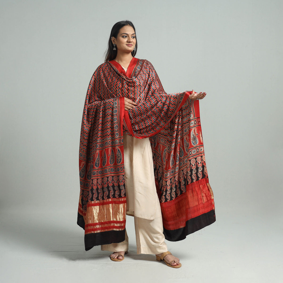 Red - Ajrakh Modal Silk Dupatta with Zari Border 43