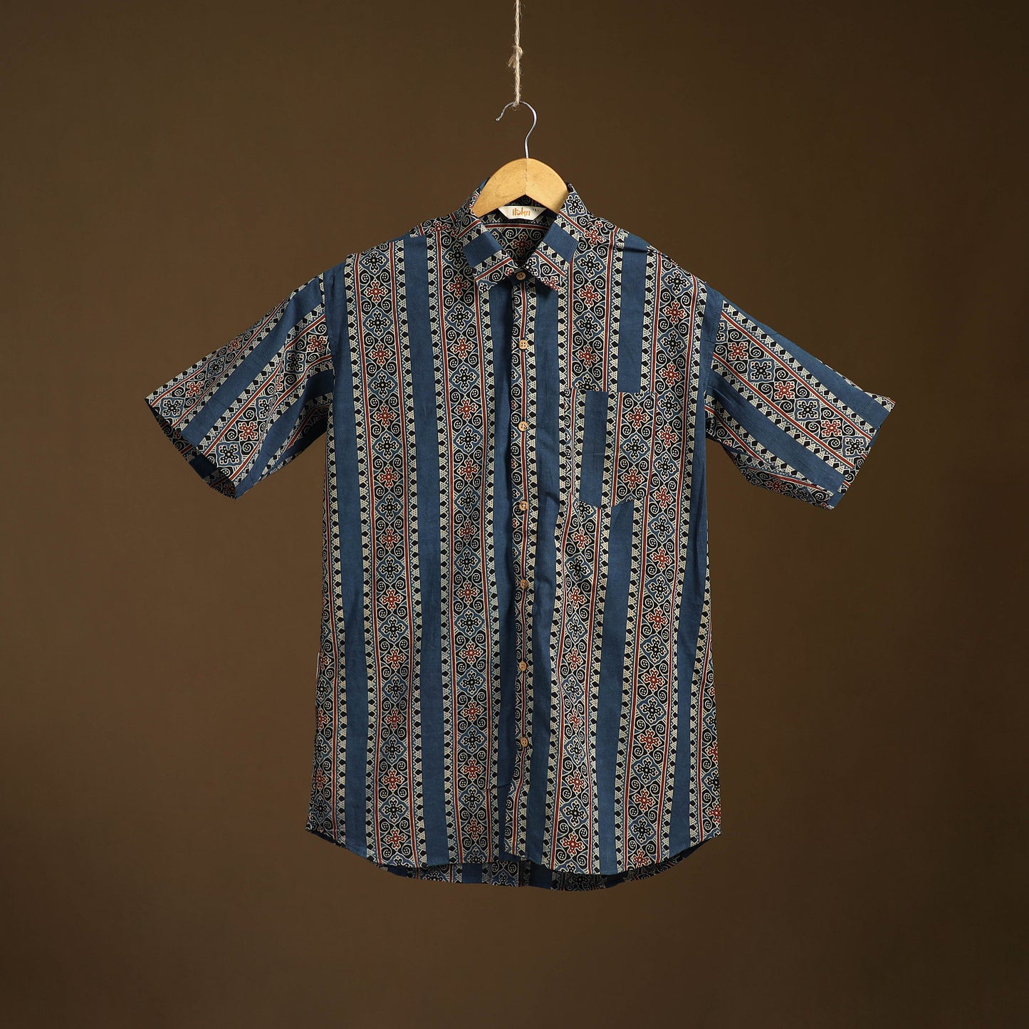 Natural Dyed Hand Block Print Cotton Men Half Sleeve Ajrakh Shirt 14