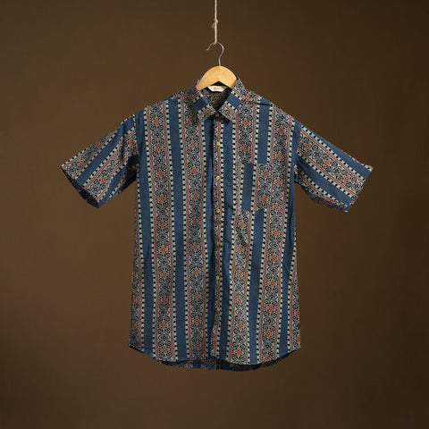 Natural Dyed Hand Block Print Cotton Men Half Sleeve Ajrakh Shirt 14