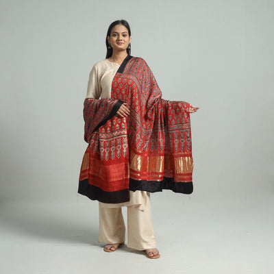 Red - Ajrakh Modal Silk Dupatta with Zari Border 45