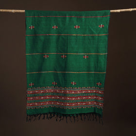 Green - Kantha Hand Embroidered Khes Handwoven Cotton Dupatta 36