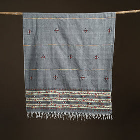 Grey - Kantha Hand Embroidered Khes Handwoven Cotton Dupatta 34
