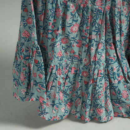 Blue - Sanganeri Block Printed Tiered Cotton Long Skirt