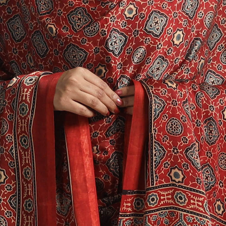 Red - Ajrakh Modal Silk Dupatta with Zari Border 46